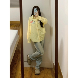 TC641-P45春秋新款日系复古设计感趣味腊肠小狗刺绣长袖衬衫上衣图片