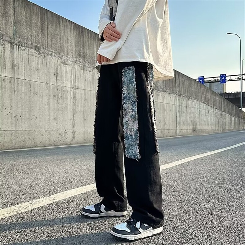美式牛仔裤男冬季痞帅设计感宽松直筒潮牌高街vibe裤子NT043-P45图片