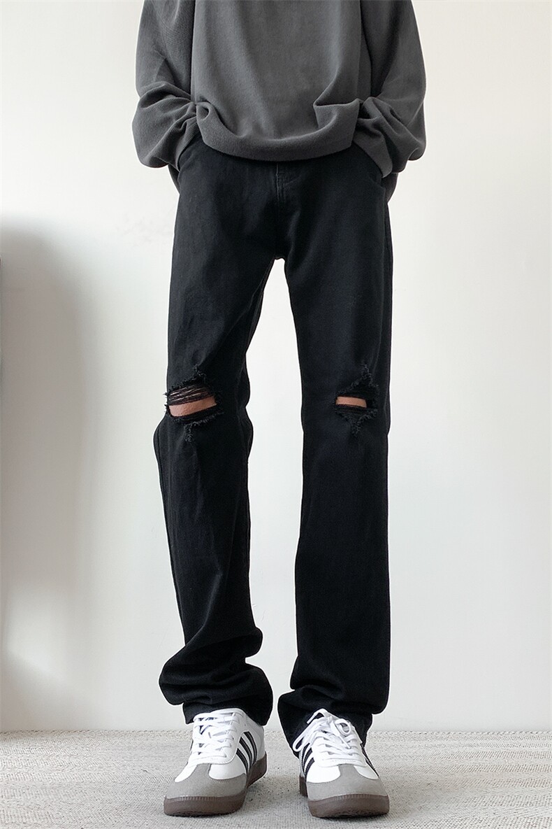 现货纯黑色破洞弹力加大码直筒牛仔裤310A-2BK302P50控78,男装牛仔裤,星座310A-2