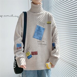！秋冬季潮流加厚高领毛衣男韩版印花百搭针织衫线衣GM603P60图片