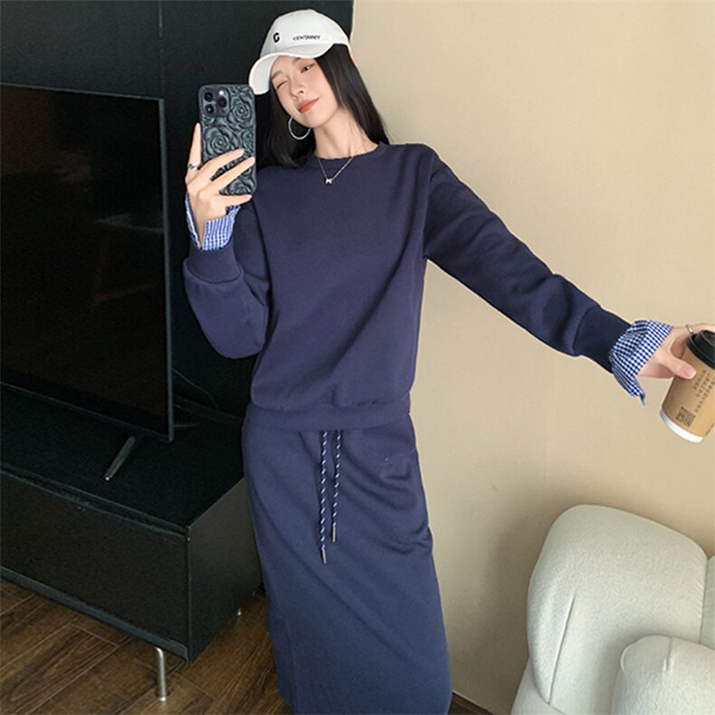 女春新款袖口拼接加圆领卫衣半身裙两件套,女装套装/套裙,江南