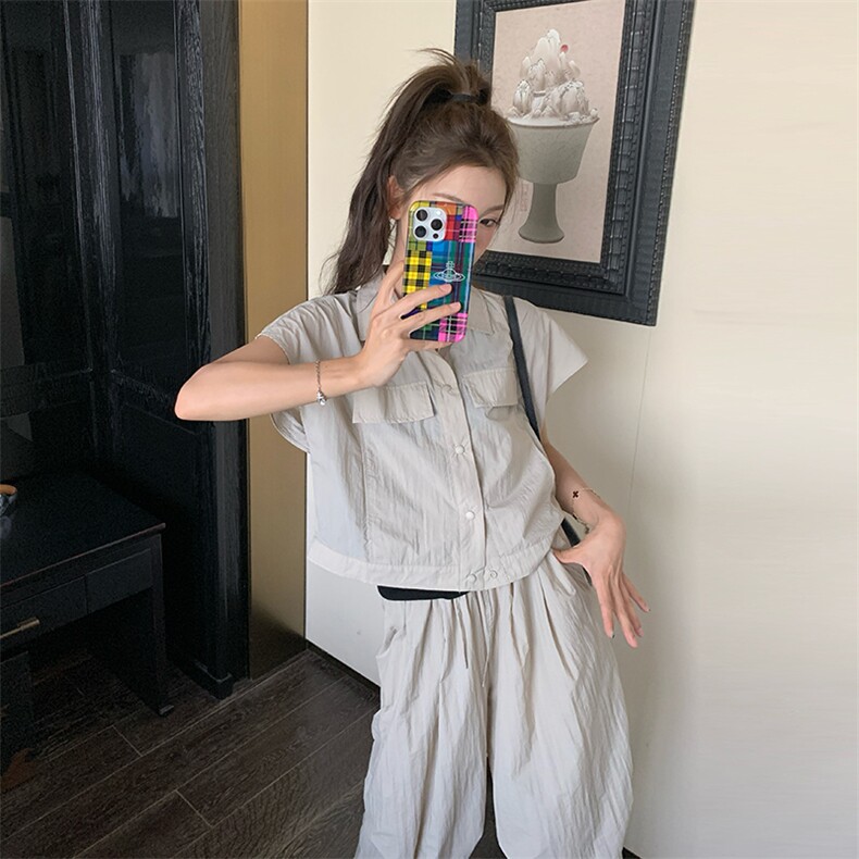 高级感炸街甜酷工装短袖套装女2025夏季新款时尚拖地阔腿裤两件套,女装套装/套裙,纯色衣恋
