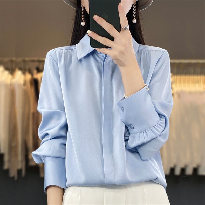 优雅气质女长袖衬衫简约清新浅色系设计肩部抽褶方领百搭时尚上衣，女装衬衫，臻维羊绒
