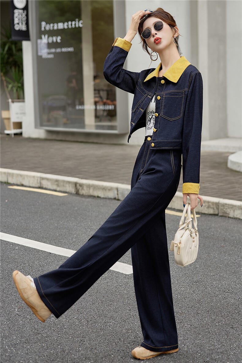（新款现货）2026春装时尚拼接针织牛仔阔腿裤套装（两件套）,女装套装/套裙,印象茜