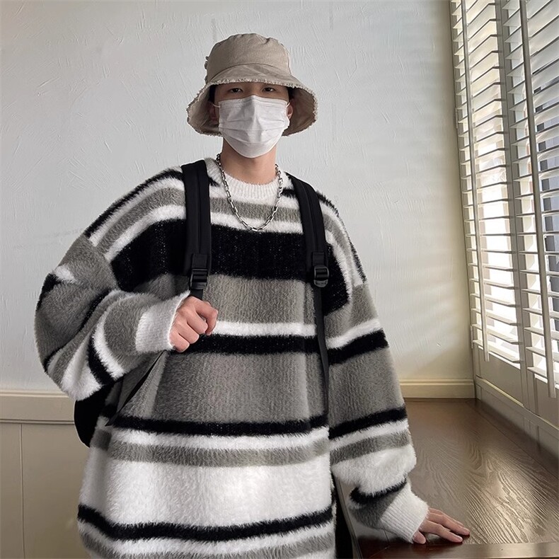 【】软糯马海毛条纹男女厚实高级感慵懒潮牌针织衫SM14P50,男装针织衫/毛衣,星座1112-1