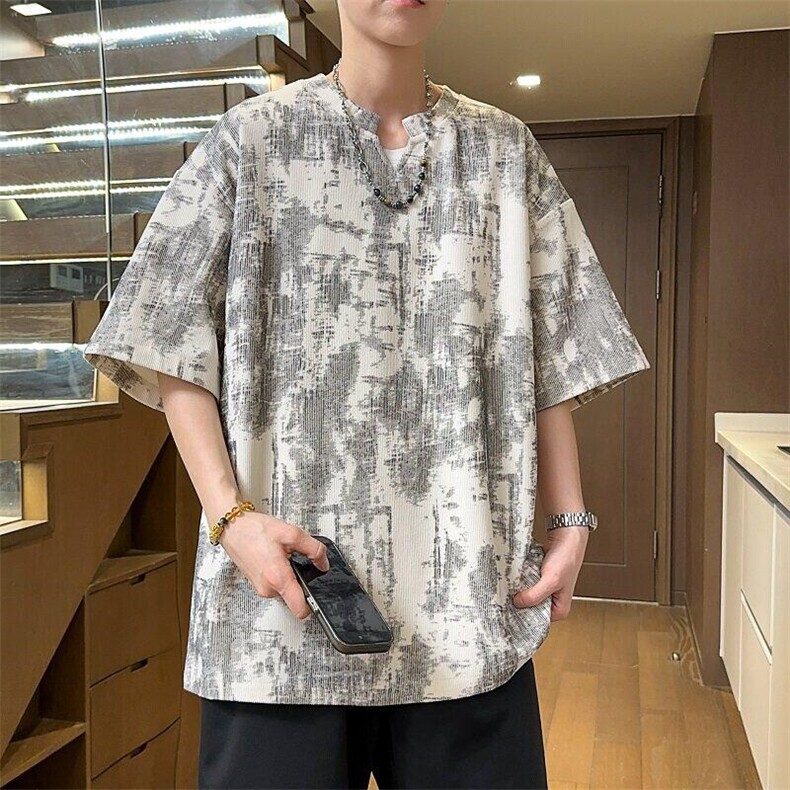 2025数据款美式扎染V领短袖宽松透气上衣，男装T恤，电商A426-1(原A430-1)