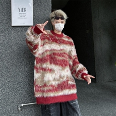 慵懒风软糯马海毛针织衫毛衣男女情侣秋冬复古宽松外套MZ702-P64，男装针织衫/毛衣，星座412-2