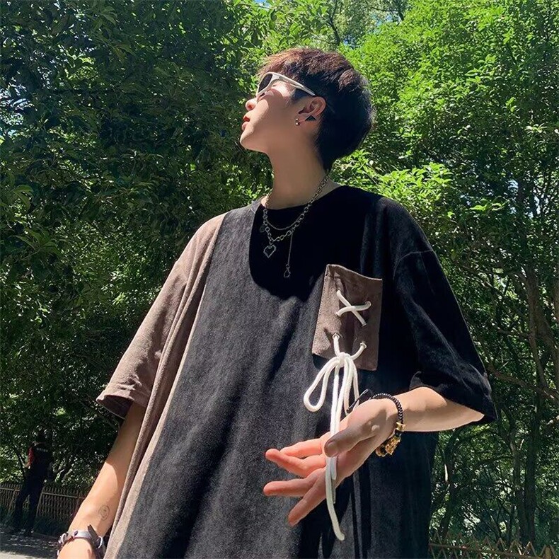 夏季新款拼接贴布撞色男士T恤痞帅个性休闲短袖 T248-P38图片