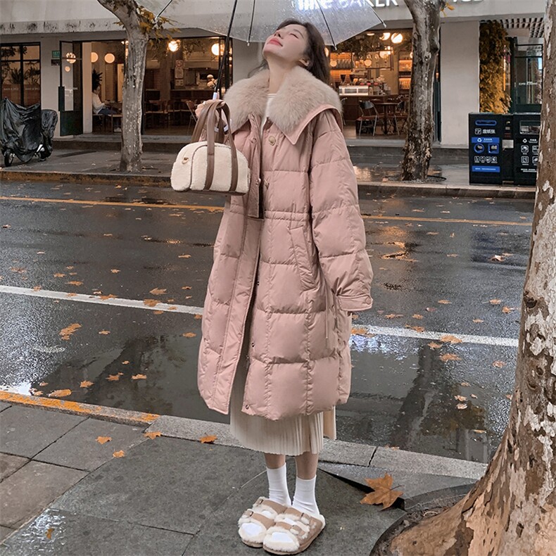 粉色大毛领羽绒服女中长款2025年冬季新款时尚加厚保暖收腰面包服,女装羽绒服,浙宝228