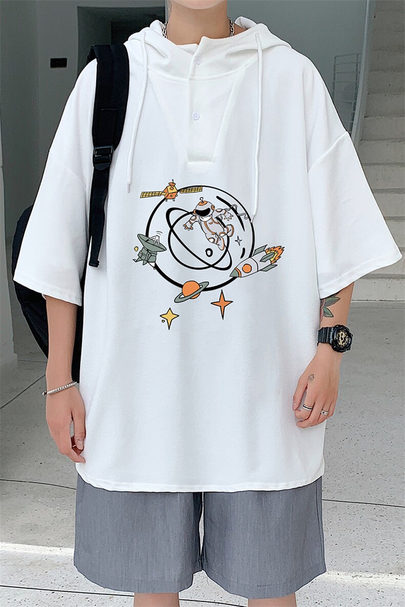 LD54142-P45连帽短袖t恤男大码胖子带帽五分袖中袖,男装T恤,电商A040