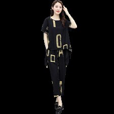 现货2026夏季新款时尚优雅气质纯色印花圆领舒适两件套大码套装，女装套装/套裙，尚洛菲