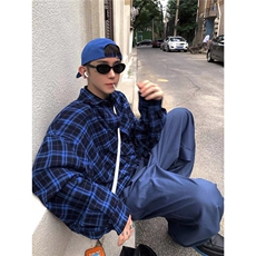 有货。蓝色格子长袖衬衫男女款2026格纹衬衣外套CY1263-P33，男装衬衫，星座412-3