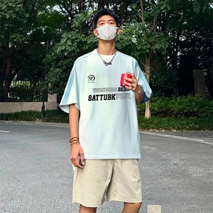 抖音得物品质二开240克宽松纯棉美式潮牌印花三条杠中性风短袖T恤图片