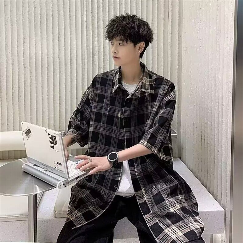 春秋复古格子翻领衬衫潮牌男女款休闲百搭宽松衫衣S44/P32,男装衬衫,星座506