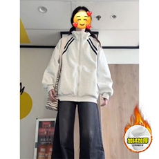 480G重磅加绒硬挺boxy男女秋冬美式高街织带撞色立领卫衣开衫外套，女装短外套，电商A486-1