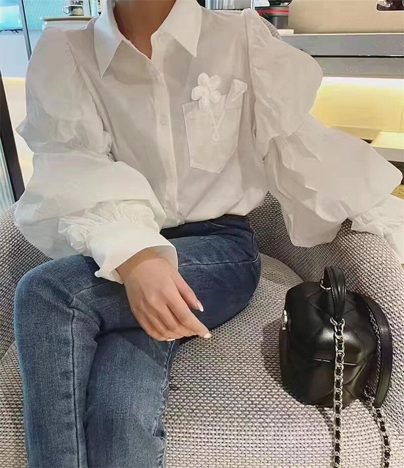花朵泡泡袖衬衫，女装衬衫，戈朴