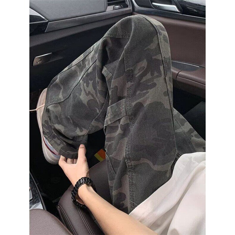 迷彩工装裤男款夏季美式复古vibe伐木裤子直筒微喇牛仔裤,男装牛仔裤,星座410-7