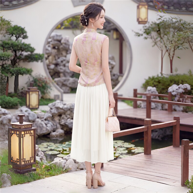现货高级感新中式立领短袖女2026新款改良旗袍领收腰时尚套裙套裙,女装套装/套裙,兰菲阁