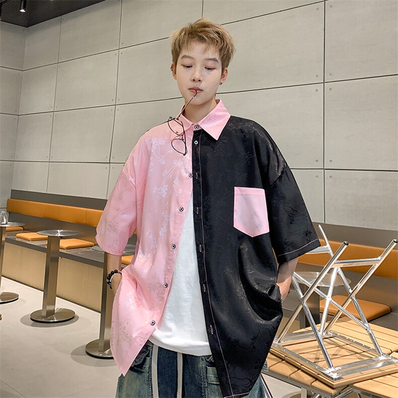 冰丝提花衬衫双拼色短袖港风休闲上衣XZ907-P30-控48,男装衬衫,星座907