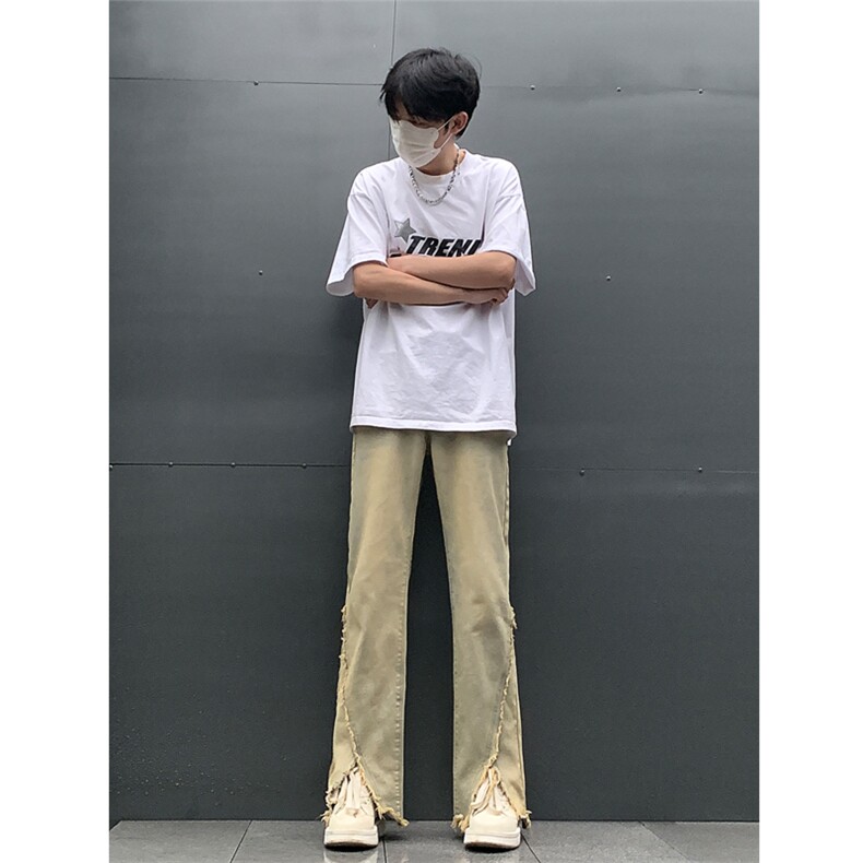 现货 24春夏黄泥开叉毛边宽松牛仔裤设计感微喇休闲裤男K5803-P55图片