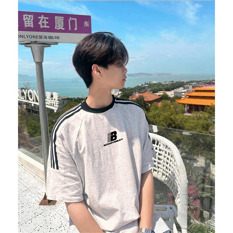 抖音得物供货240克宽松纯棉美式潮牌印花三杠半织带短袖T恤AT1605,男装T恤,电商A443