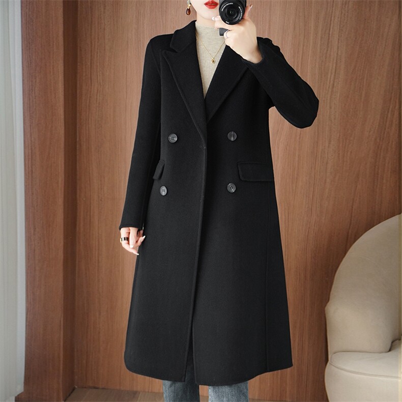 时尚显瘦黑色羊毛呢子大衣女中长款双排扣外套秋冬季新款气质百搭，女装毛呢外套，豪顺羊绒