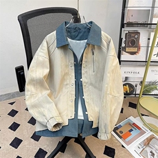 牛仔拼接假两件翻领外套男春秋新款潮流衬衫领夹克上衣GA287P104，男装夹克，星座1013-5