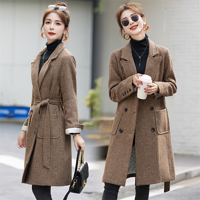 2023冬季加棉新款时尚优雅中长款毛呢大衣保暖气质毛呢外套，女装毛呢外套，罗腾