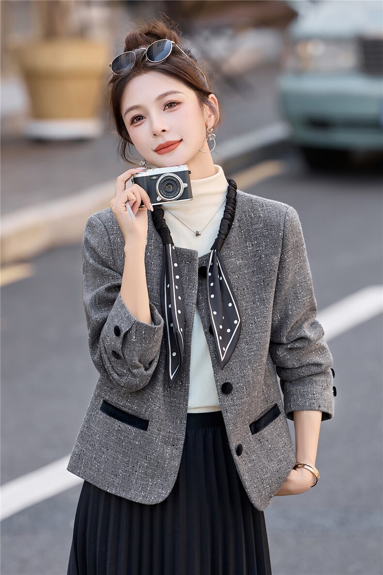 独特漂亮蝴蝶结系带毛呢外套女2025秋冬新款气质百搭显瘦短款上衣,女装短外套,罗腾