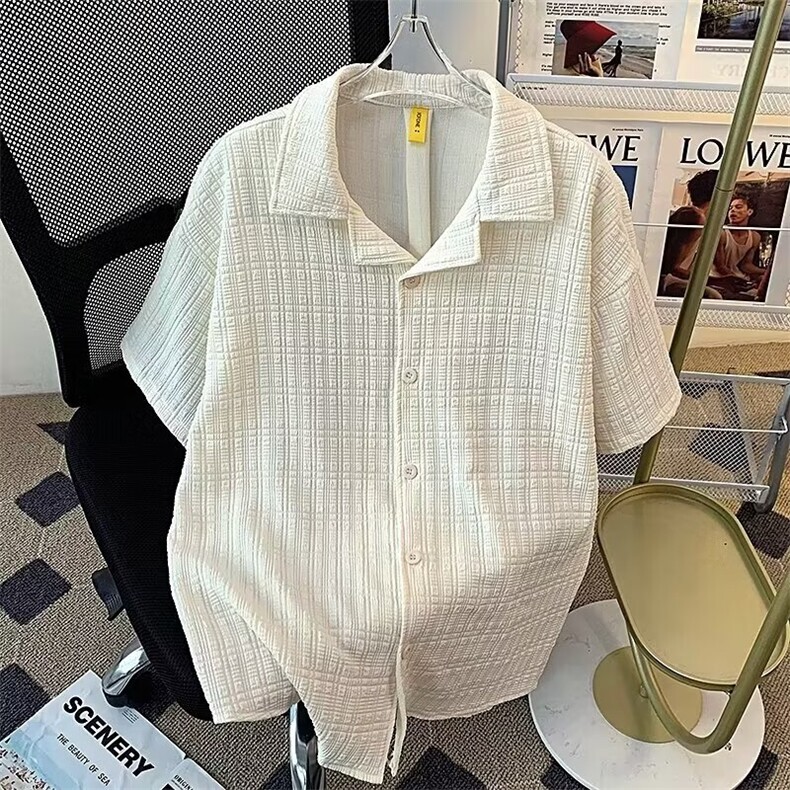 格子短袖衬衫男夏季薄款宽松痞帅ins韩暗格纹衬衣百搭潮流上衣图片