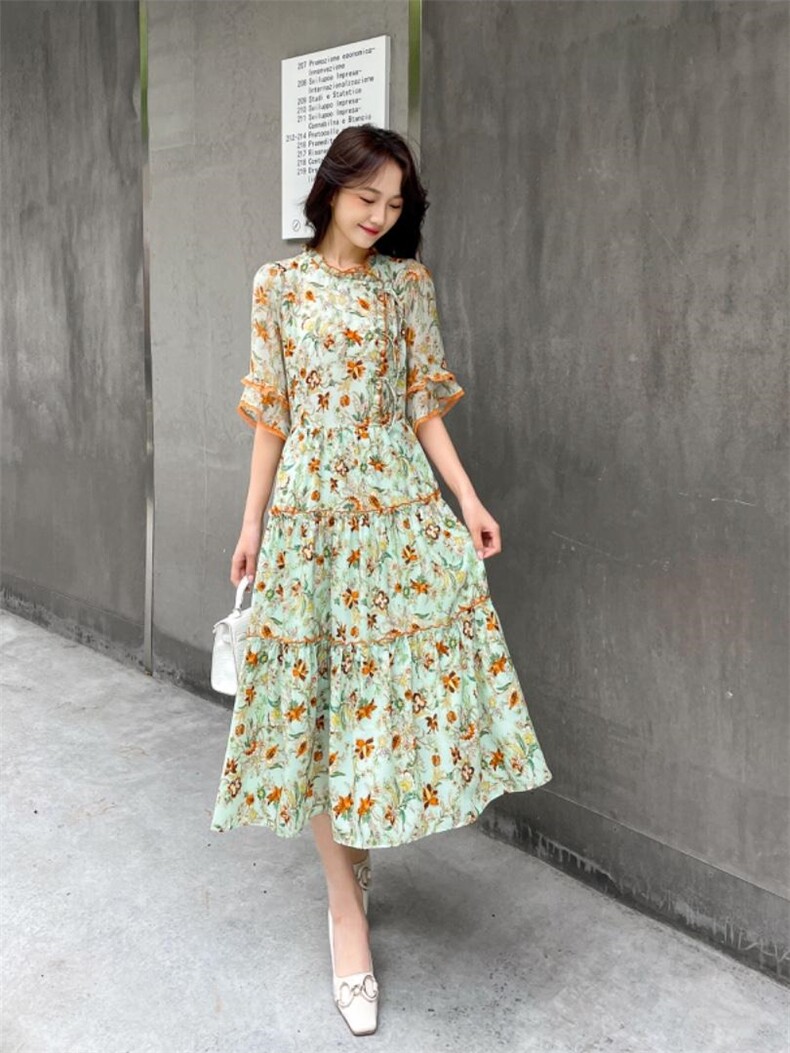 夏季新款新中式雪纺连衣裙，女装连衣裙，秀水百合