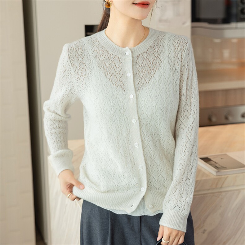 2025春秋新款桑蚕丝羊绒衫女气质镂空纯色外套通勤休闲针织开衫，女装羊绒衫，咔绒特