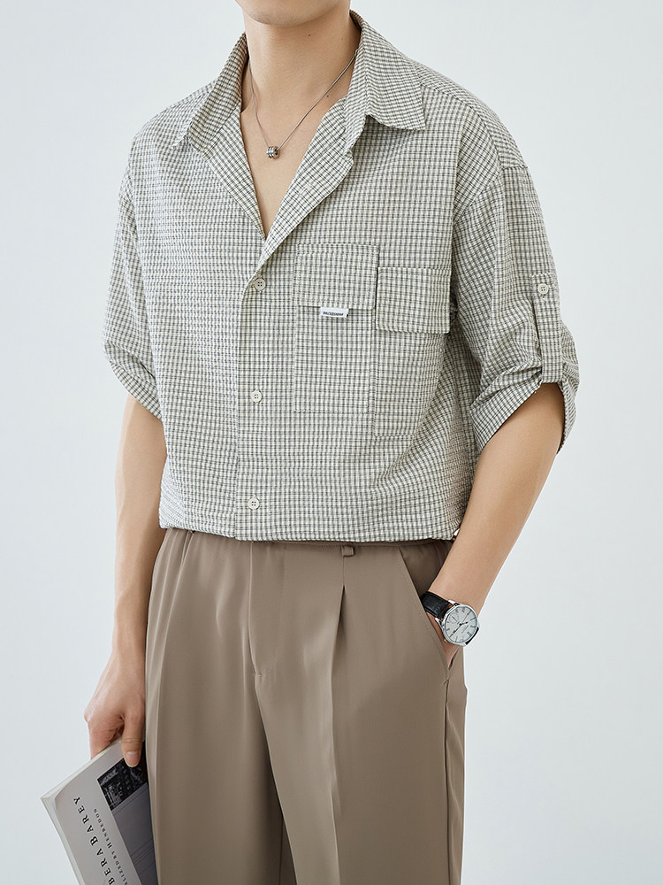 抖音夏季全棉休闲格子短袖衬衫男透气短袖衬衣A236-0831-P58,男装衬衫,电商A236