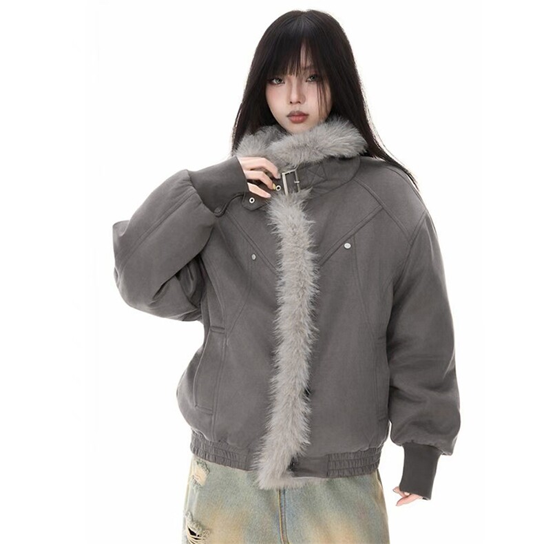 现货重磅硬挺boxy羽绒棉衣座山雕大毛毛领洗水麂皮棉服冬外套，男装棉衣，电商A486-1