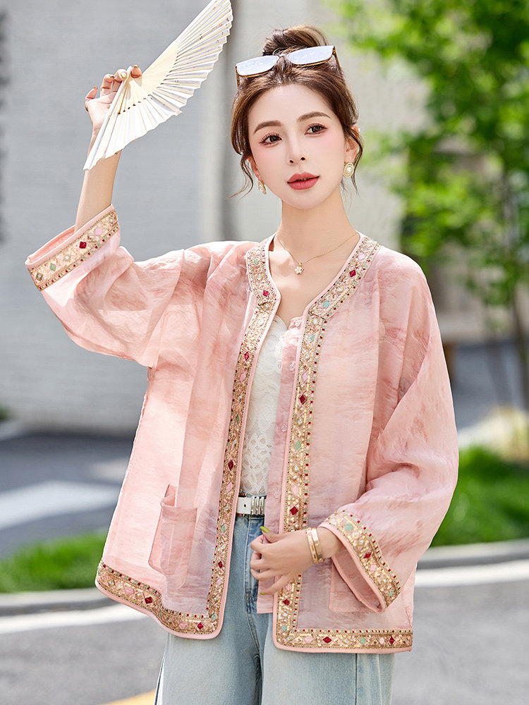 年轻款漂亮提花外套女中长款2025夏高端缎面减龄收腰显瘦上衣,女装短外套,韩宇舍