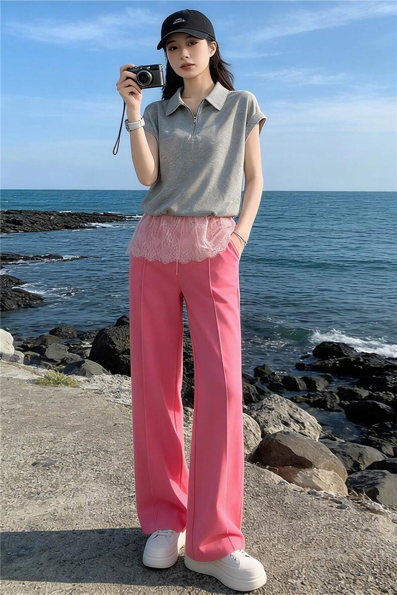女夏季新款欧韩时尚休闲运动套装蕾丝拼接短袖高腰阔腿长裤两件套,女装套装/套裙,江南