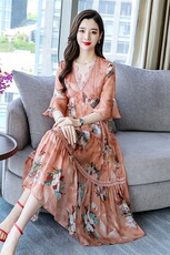 碎花2021年夏季V领时尚气质蕾丝拼接中长款百搭韩版优雅连衣裙，女装连衣裙，瑶迪依秀
