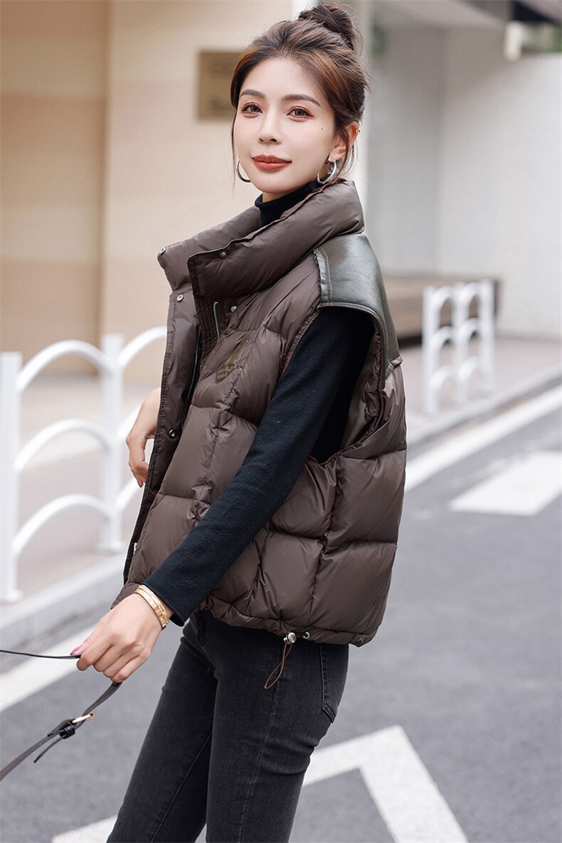 时尚立领拼接棉马甲女秋冬新款无袖保暖外套显瘦百搭短款棉服,女装棉衣/棉服,微微衣阁
