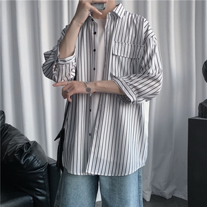 C2037/P35现货夏季条纹工装短袖衬衣男士宽松衬衫五分袖潮大码男图片