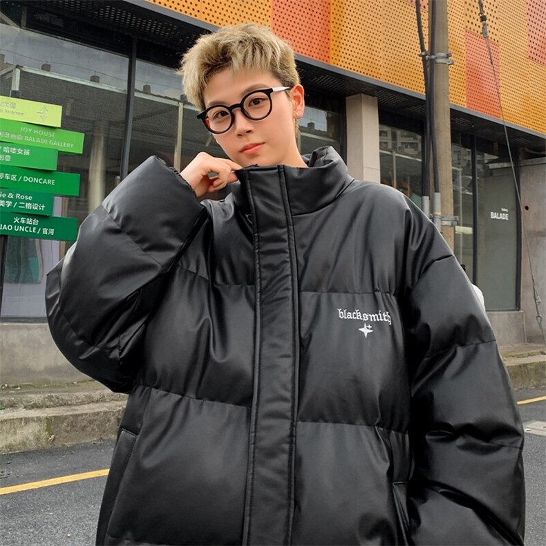 特P110无差价冬新oversize复古刺绣字母棉衣男设计感PU皮棉服M46图片