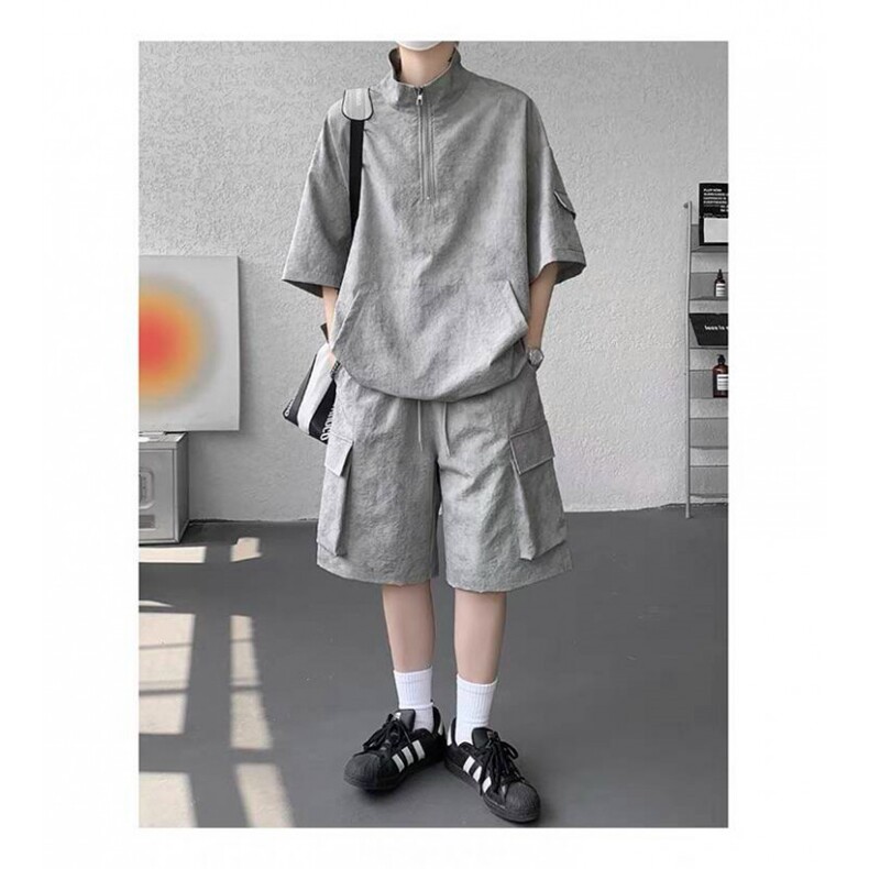 美式工装套装男夏季宽松休闲穿搭一整套短袖2025新款冰丝运动短裤,男装休闲套装,星座506A