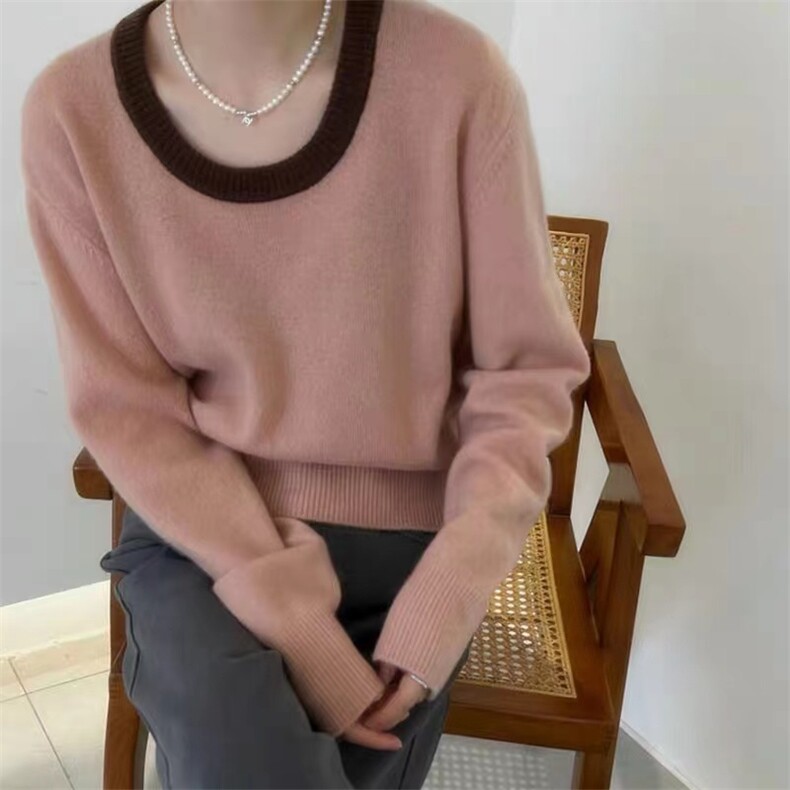 高端软糯山羊绒衫女圆领秋冬款加厚慵懒风针织衫拼色大码打底毛衣图片