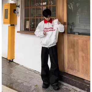美式街头撞色翻领条纹夹克男女春秋cleanfit高街宽松飞行服外套潮图片