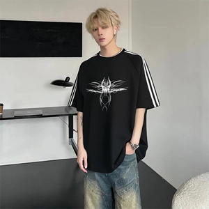 抖音得物高品质二开240克宽松纯棉美式潮牌三条杠织带短袖T恤图片