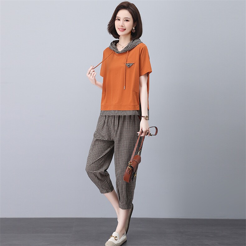 中年妈妈棉麻格子套装女夏2025新款时尚休闲遮肚子显瘦洋气两件套，女装套装/套裙，忆绮罗