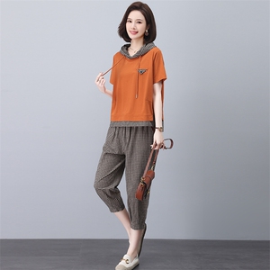 中年妈妈棉麻格子套装女夏2025新款时尚休闲遮肚子显瘦洋气两件套，女装套装/套裙，忆绮罗