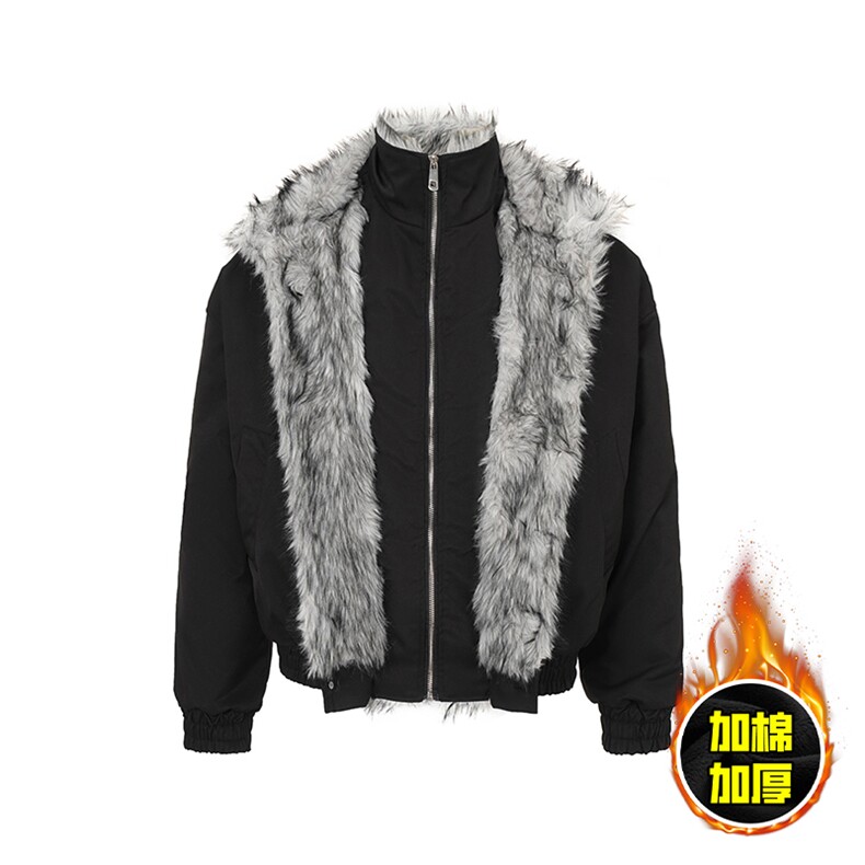 现货高品质美式高街重磅狼王座山雕毛毛领假两件棉衣加厚棉服外套，男装棉衣，电商A486