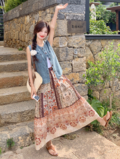 收腰单排扣牛仔马甲印花半身裙套装女2025夏季气质淡人穿搭两件套，女装运动套装，浙宝285（原212）