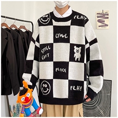 假模风日系棋盘格圆领加厚毛衣套头笑脸大码男士休闲针织衫，男装针织衫/毛衣，星座909-2（原星座717-2）