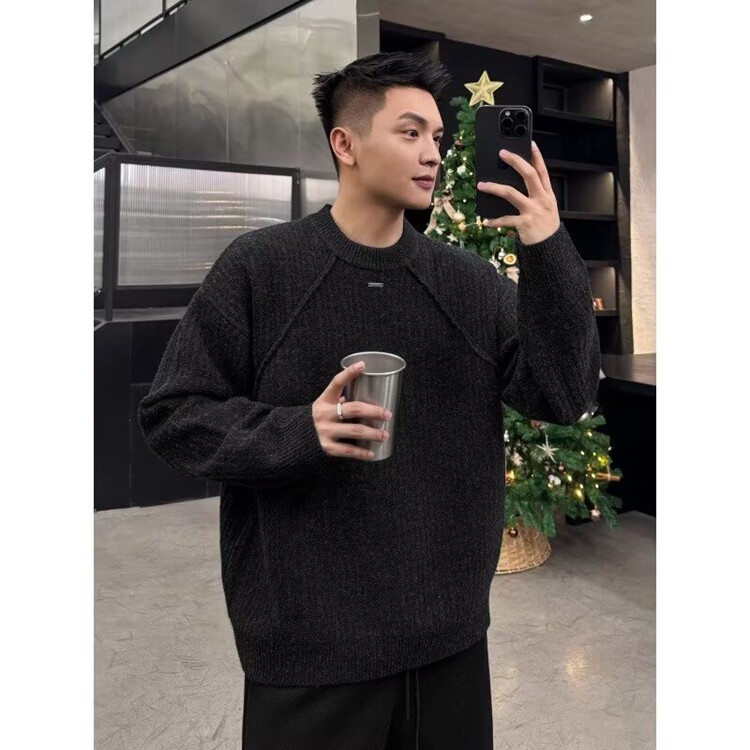 马年红色圆领毛衣男款冬季加厚金属设计感扣针织衫慵懒内搭打底衫,男装T恤,星座218-8